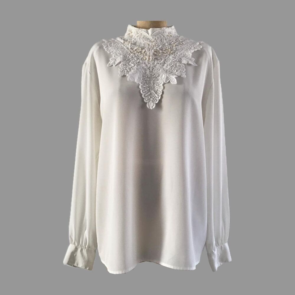 Vintage 1980s White Beaded High Neck Crochet Applique Blouse, Womens Size L